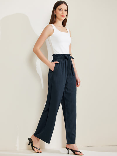 Pockets Tie Knot High Waist Textured Palazzo Trousers Wide Leg Pants