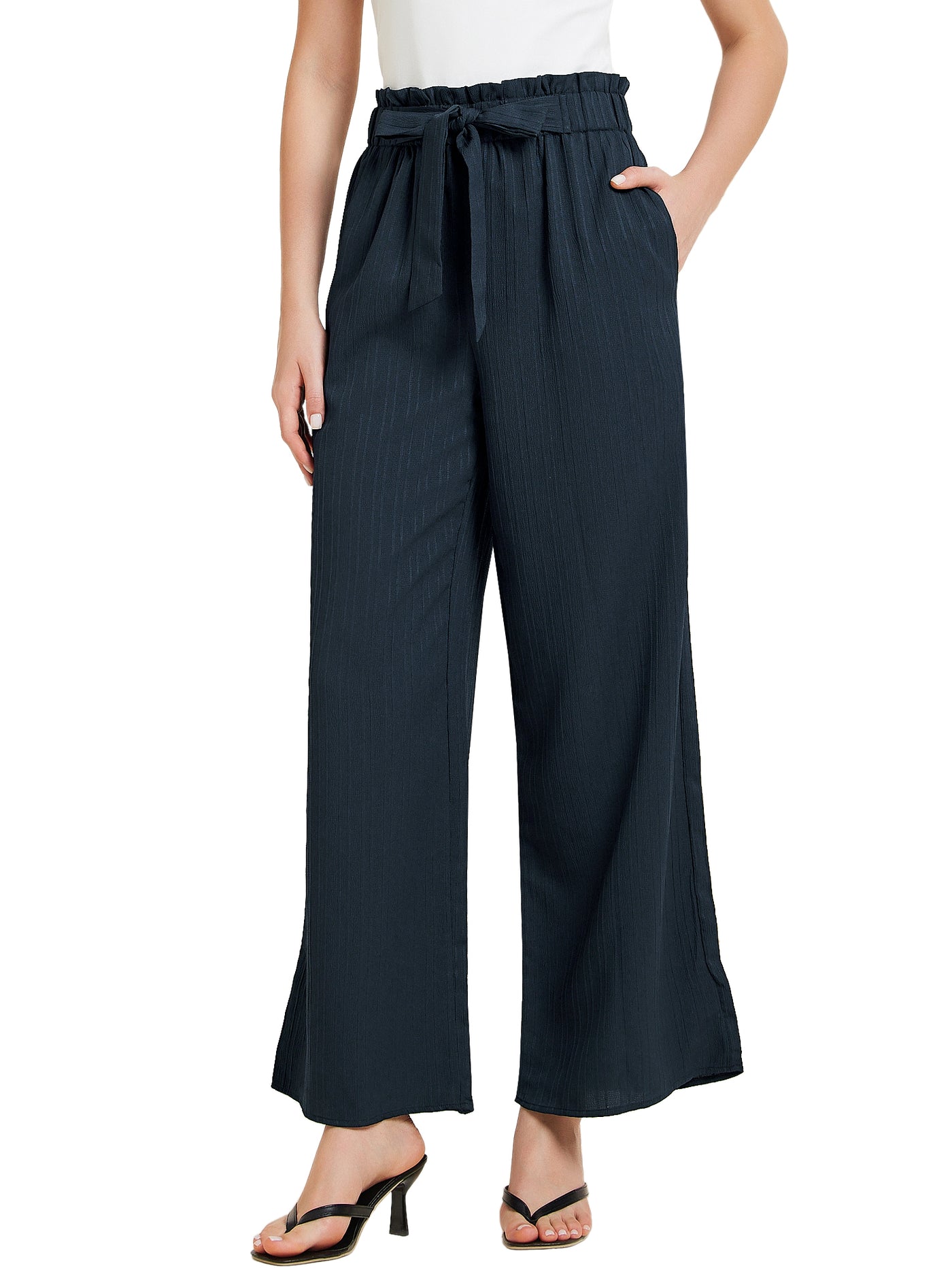 Allegra K Pockets Tie Knot High Waist Textured Palazzo Trousers Wide Leg Pants