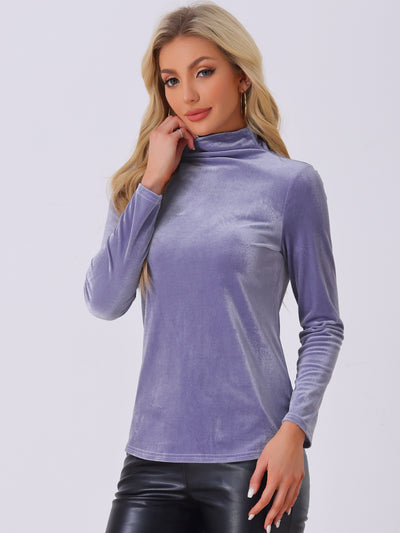 Turtleneck Velvet Top Long Sleeve Work Shirt Basic Velour Blouse