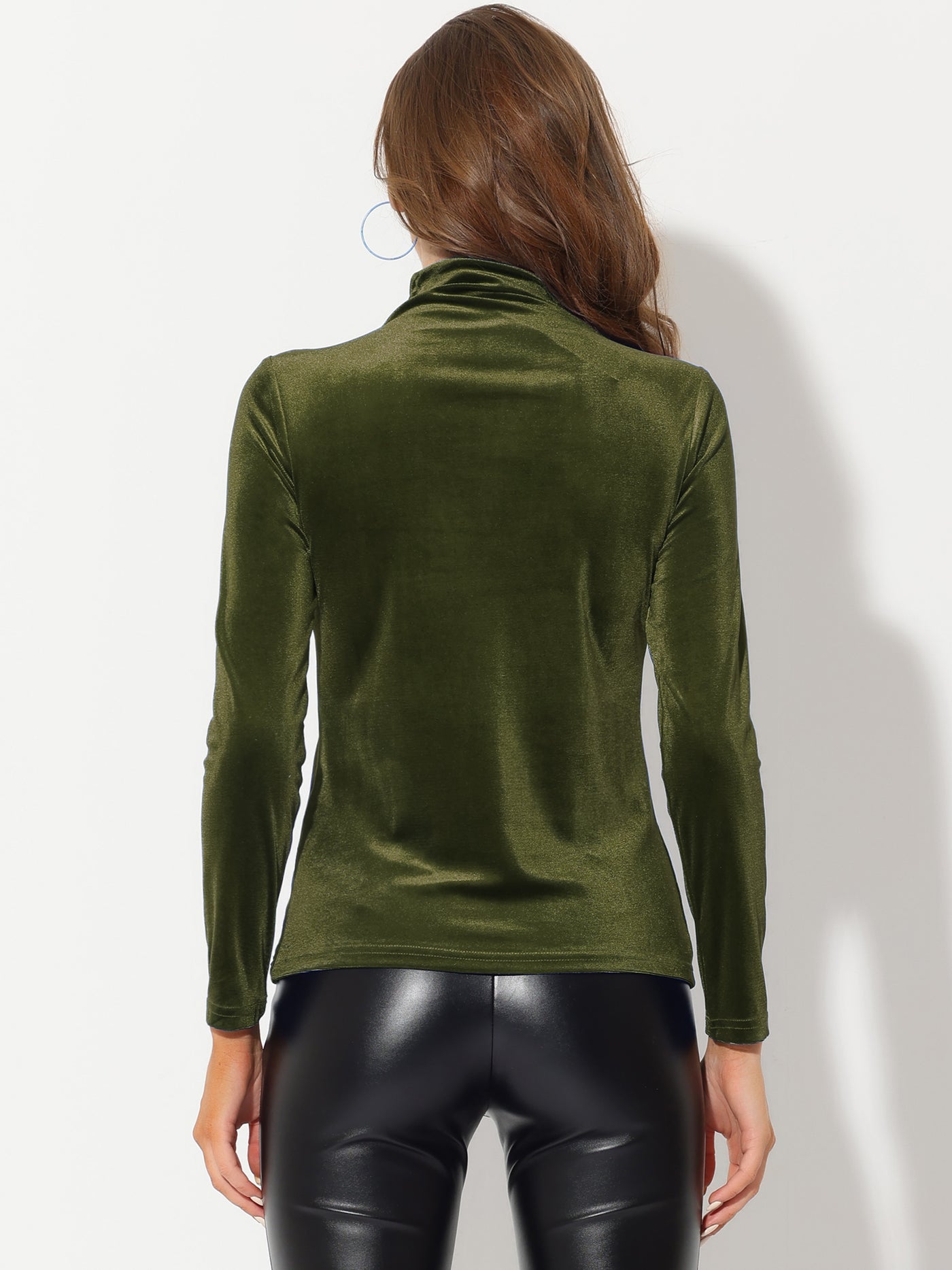 Allegra K Turtleneck Velvet Top Long Sleeve Work Shirt Basic Velour Blouse