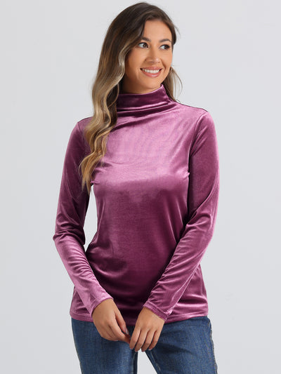 Turtleneck Velvet Top Long Sleeve Work Shirt Basic Velour Blouse