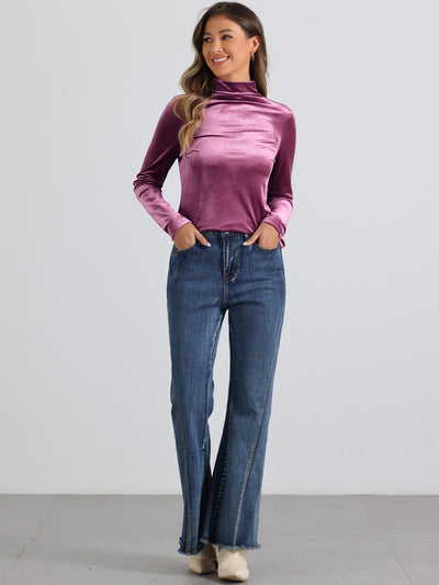 Turtleneck Velvet Top Long Sleeve Work Shirt Basic Velour Blouse