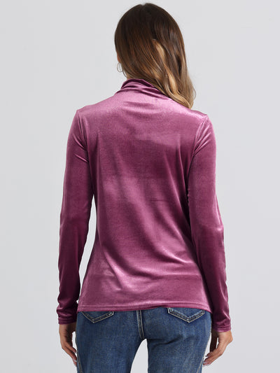 Turtleneck Velvet Top Long Sleeve Work Shirt Basic Velour Blouse