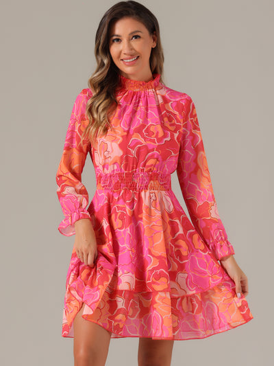 Floral Chiffon Long Sleeve Mock Neck Ruffle Layered Mini Dress