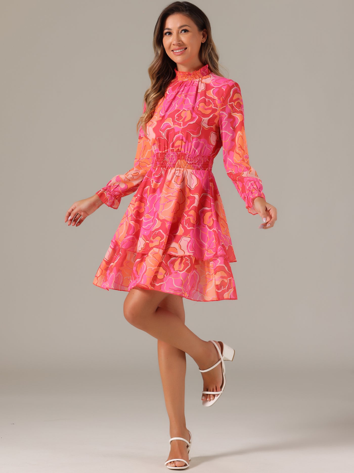 Allegra K Floral Chiffon Long Sleeve Mock Neck Ruffle Layered Mini Dress