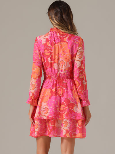 Floral Chiffon Long Sleeve Mock Neck Ruffle Layered Mini Dress