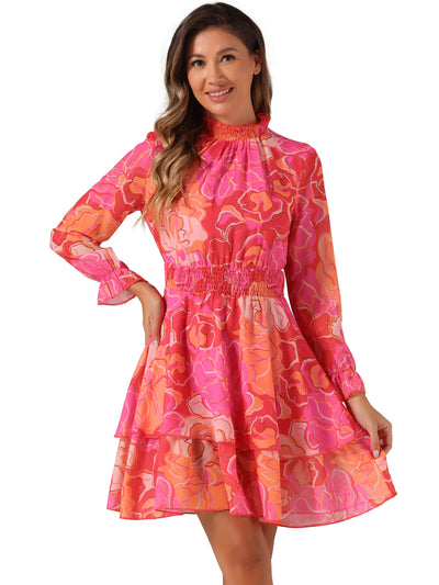 Floral Chiffon Long Sleeve Mock Neck Ruffle Layered Mini Dress