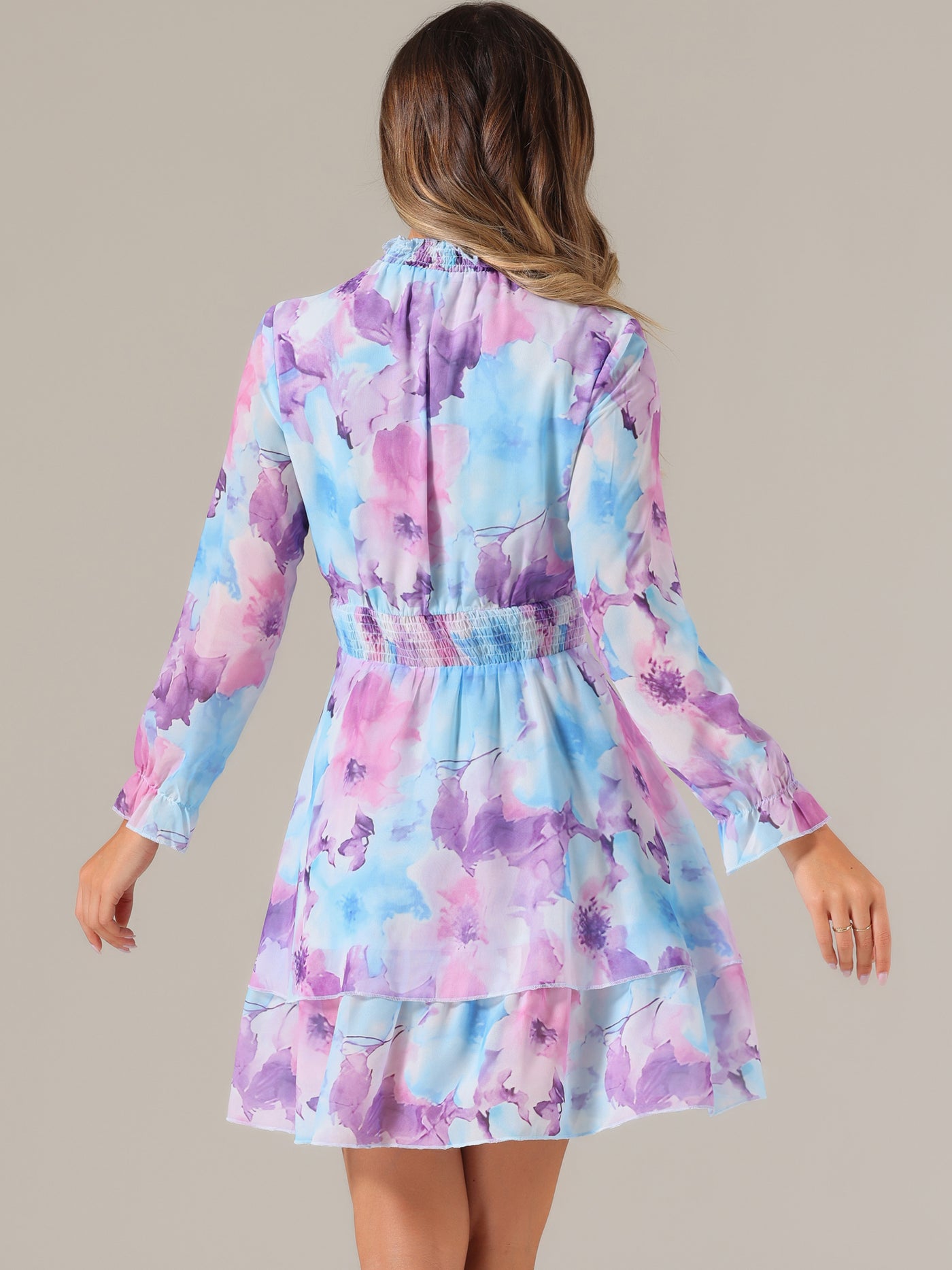 Allegra K Floral Chiffon Long Sleeve Mock Neck Ruffle Layered Mini Dress