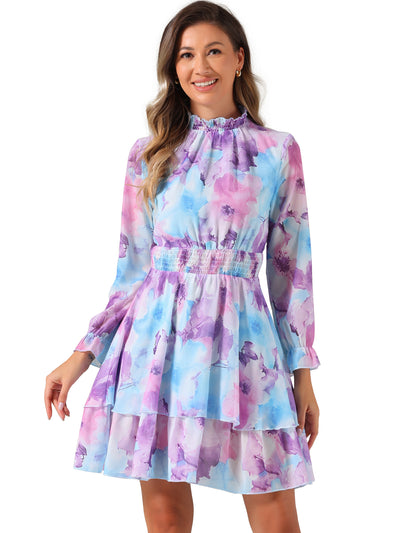 Floral Chiffon Long Sleeve Mock Neck Ruffle Layered Mini Dress