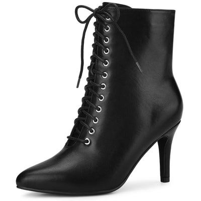 Allegra K Women's Lace Up Pointed Toe Stiletto Heels Ankle Boots