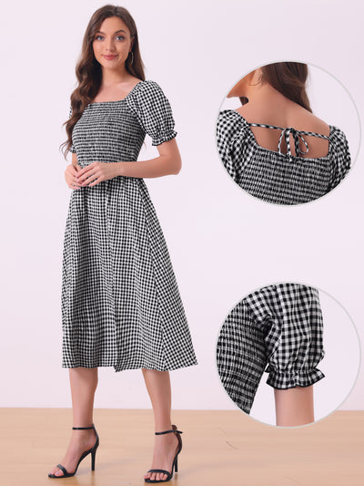 Vintage Smocked Front Shirred Tie Back Checks Slit Side Gingham Midi Dress