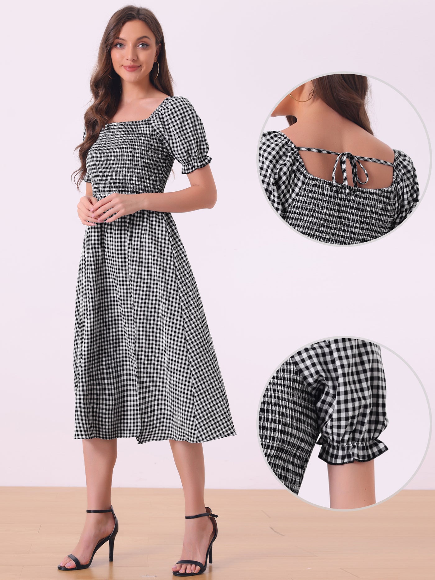 Allegra K Vintage Smocked Front Shirred Tie Back Checks Slit Side Gingham Midi Dress