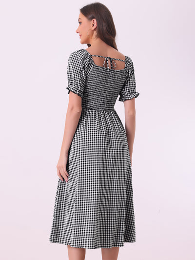 Vintage Smocked Front Shirred Tie Back Checks Slit Side Gingham Midi Dress