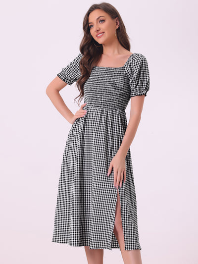 Vintage Smocked Front Shirred Tie Back Checks Slit Side Gingham Midi Dress