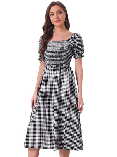 Vintage Smocked Front Shirred Tie Back Checks Slit Side Gingham Midi Dress