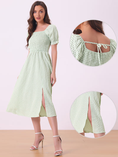 Vintage Smocked Front Shirred Tie Back Checks Slit Side Gingham Midi Dress