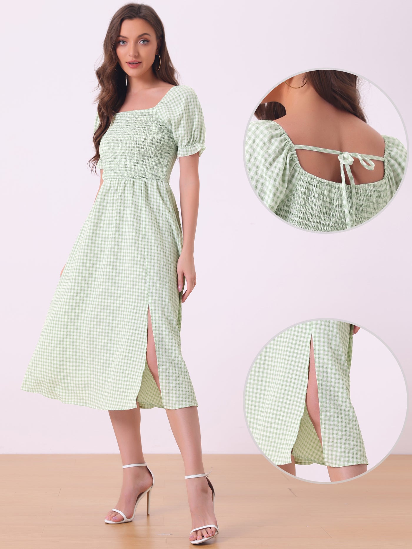 Allegra K Vintage Smocked Front Shirred Tie Back Checks Slit Side Gingham Midi Dress