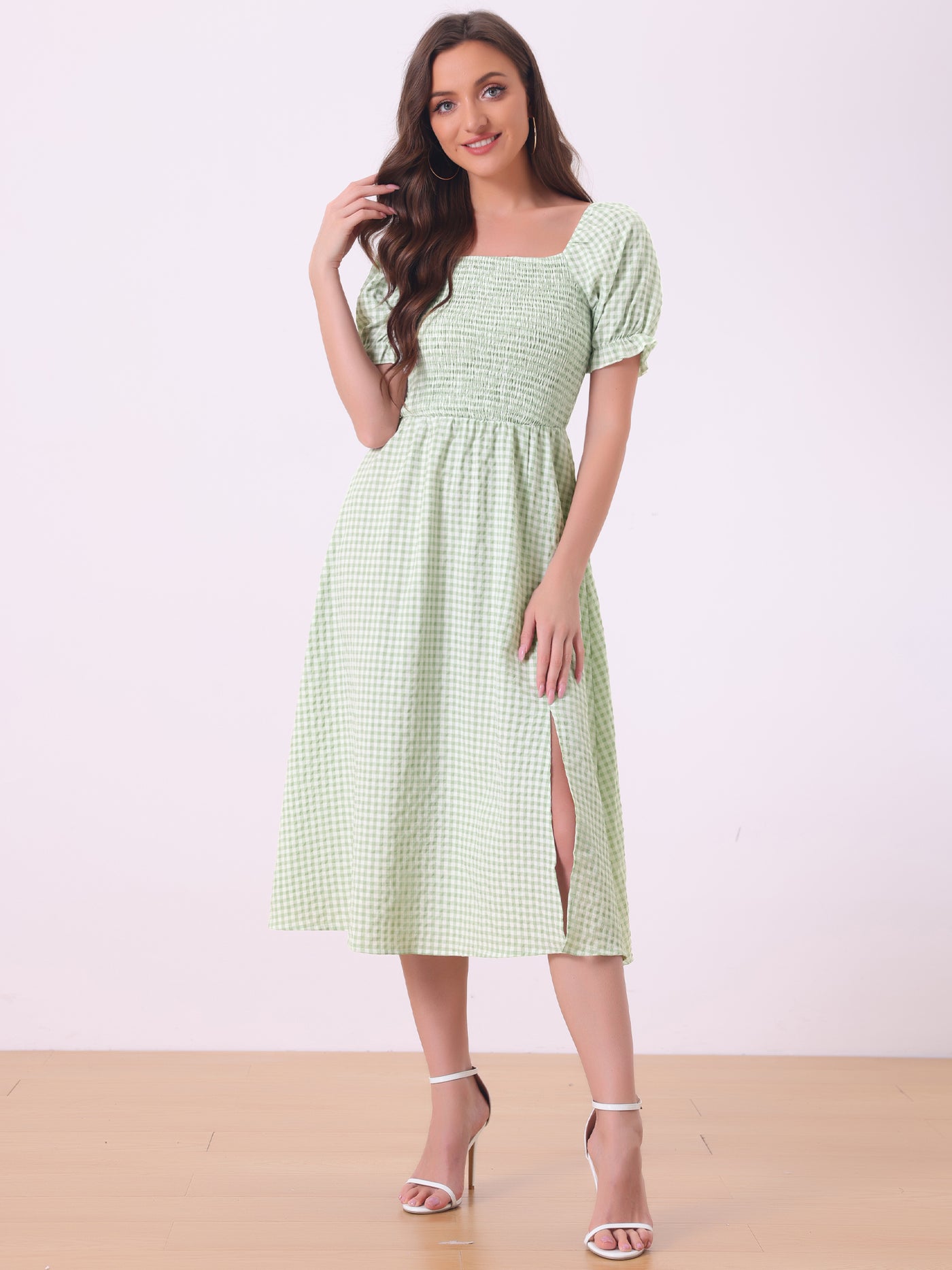 Allegra K Vintage Smocked Front Shirred Tie Back Checks Slit Side Gingham Midi Dress