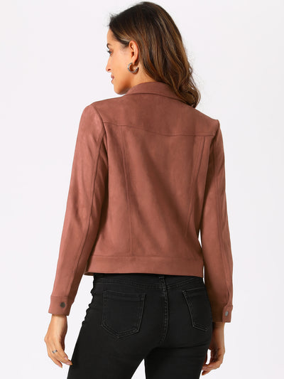 Turn-Down Collar Flap Pocket Snap Button Faux Suede Jacket