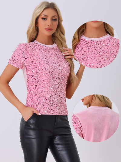 Glitter Sequin Velvet Crew Neck Short Sleeve Party Clubwear Blouse