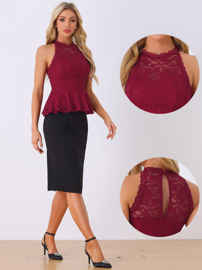 Lace Peplum Elegant Sweetheart Neck Sleeveless Blouse