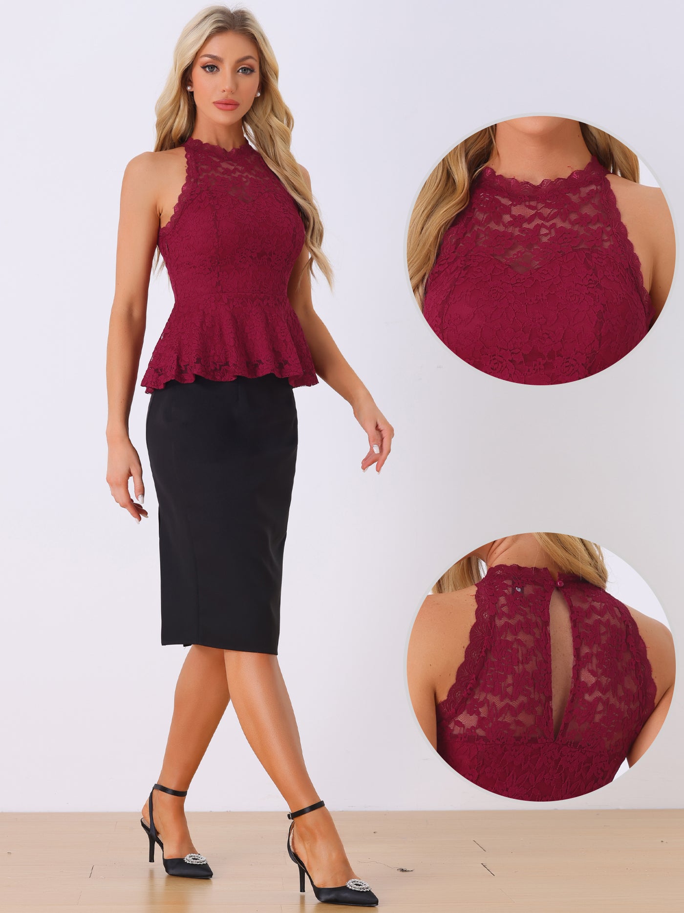 Allegra K Lace Peplum Elegant Sweetheart Neck Sleeveless Blouse