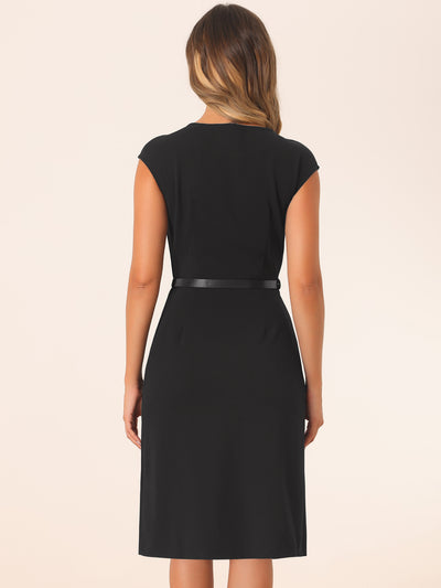 Elegant Business Cap Sleeve Belted Pencil Work Sheath Dress