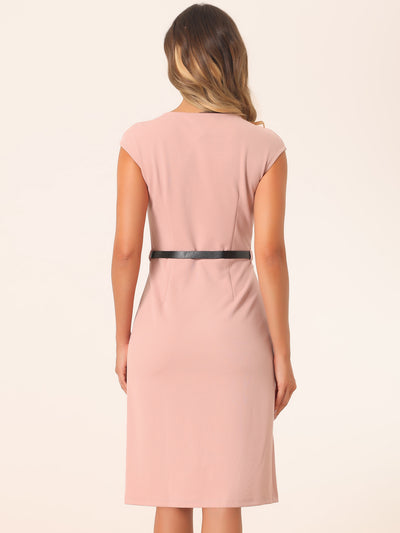 Elegant Business Cap Sleeve Belted Pencil Work Sheath Dress