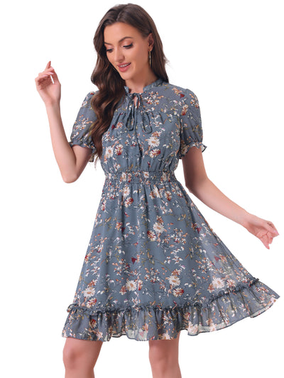 Floral Smocked Tie Neck Puff Sleeve Ruffle Chiffon Tiered Dress