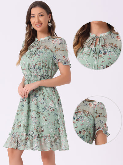 Floral Smocked Tie Neck Puff Sleeve Ruffle Chiffon Tiered Dress