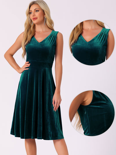 Sleeveless Velvet Ruched High Waist V Neck A-Line Midi Dress