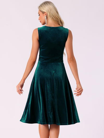 Sleeveless Velvet Ruched High Waist V Neck A-Line Midi Dress