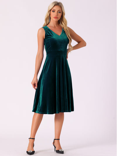 Sleeveless Velvet Ruched High Waist V Neck A-Line Midi Dress