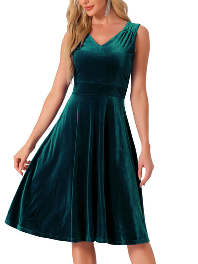 Sleeveless Velvet Ruched High Waist V Neck A-Line Midi Dress