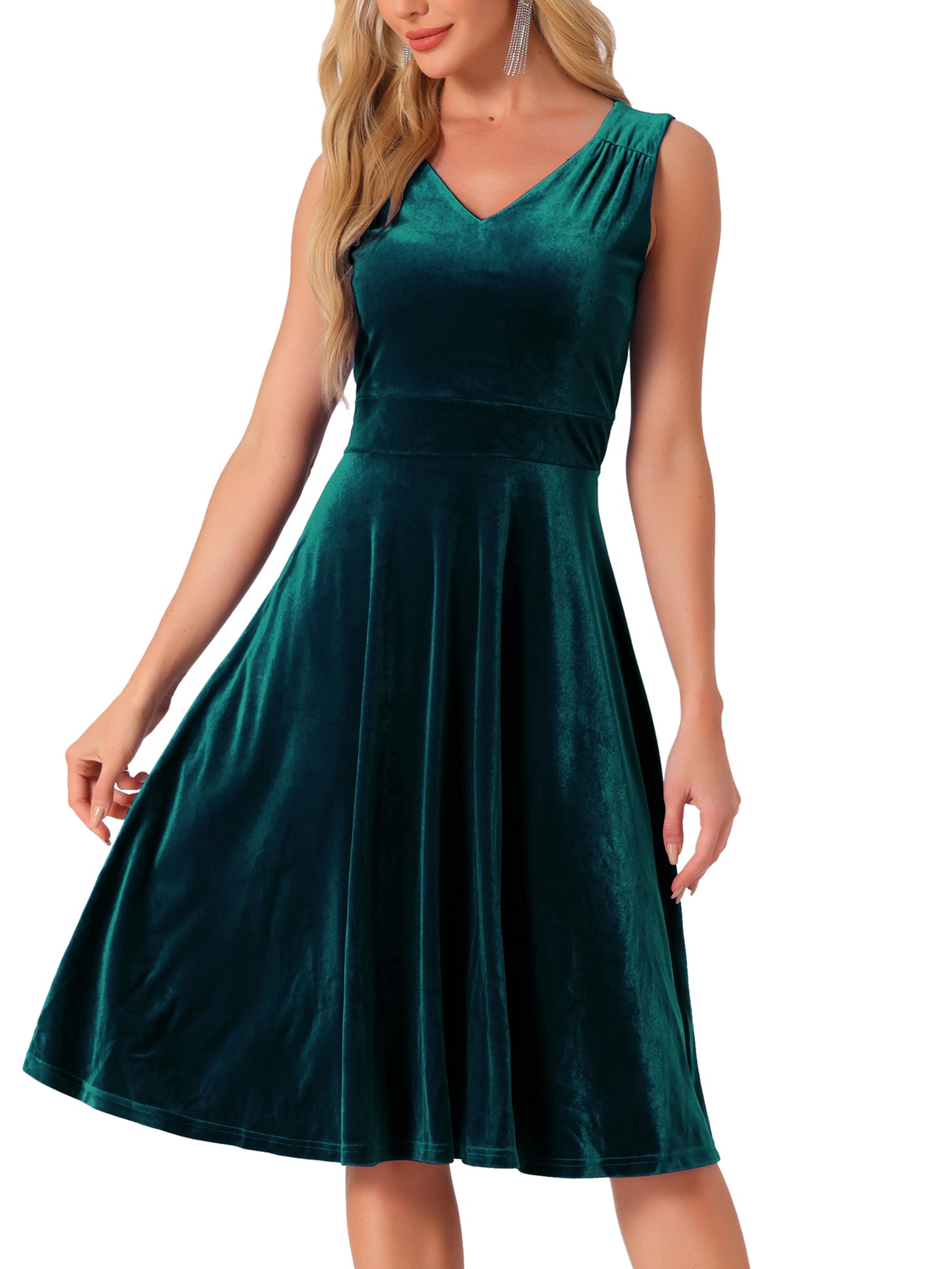 Allegra K Sleeveless Velvet Ruched High Waist V Neck A-Line Midi Dress