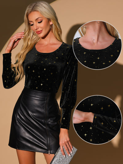 Velvet Metallic Stars Shiny Crew Neck Long Sleeve Blouse