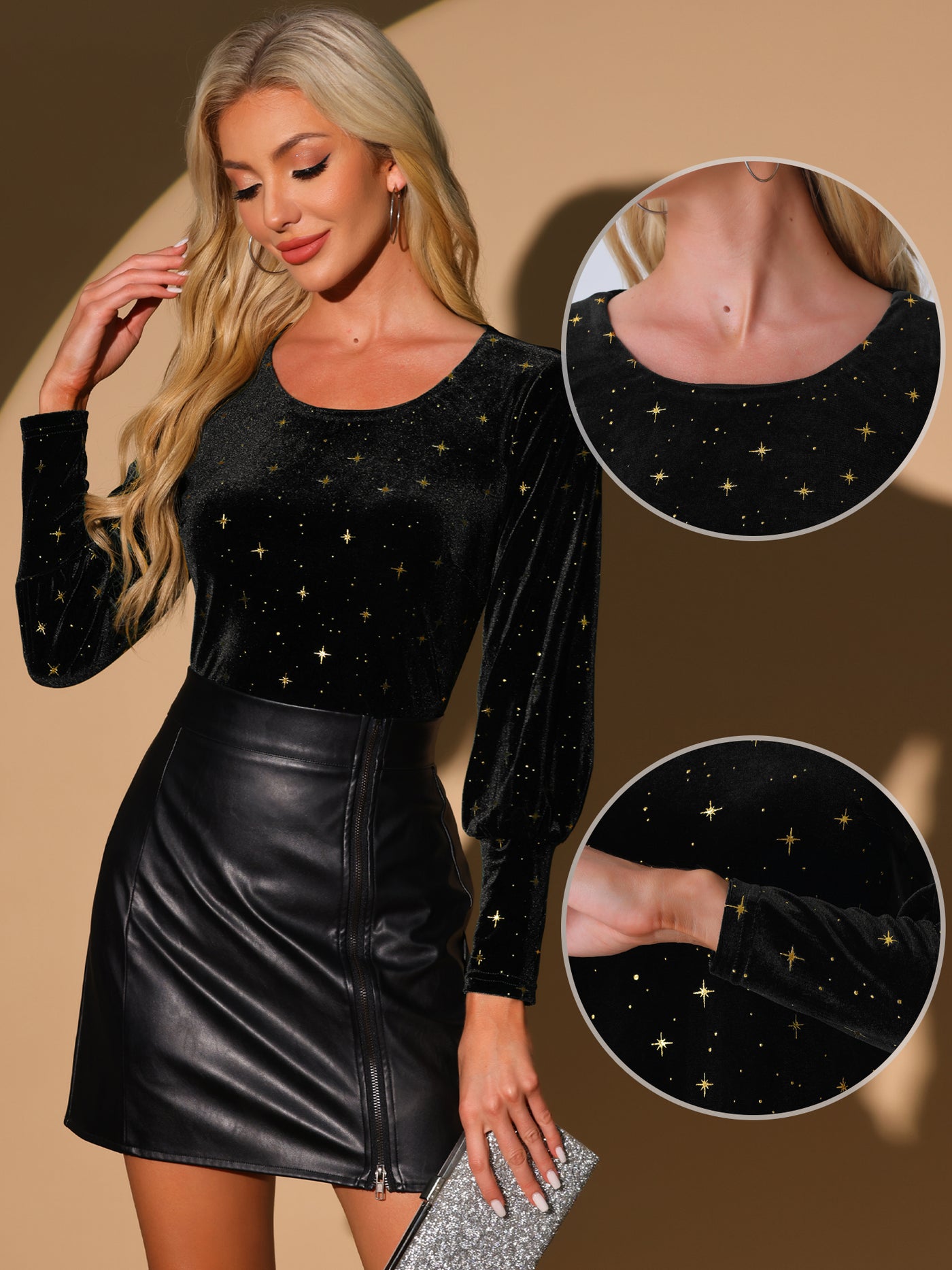 Allegra K Velvet Metallic Stars Shiny Crew Neck Long Sleeve Blouse