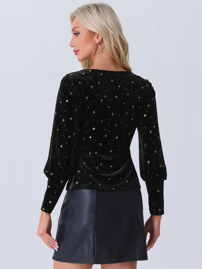 Velvet Metallic Stars Shiny Crew Neck Long Sleeve Blouse