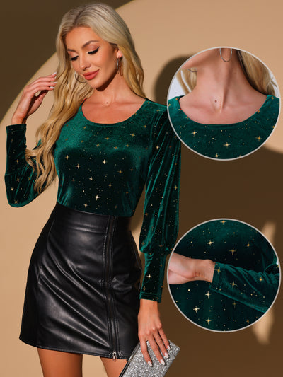 Velvet Metallic Stars Shiny Crew Neck Long Sleeve Blouse