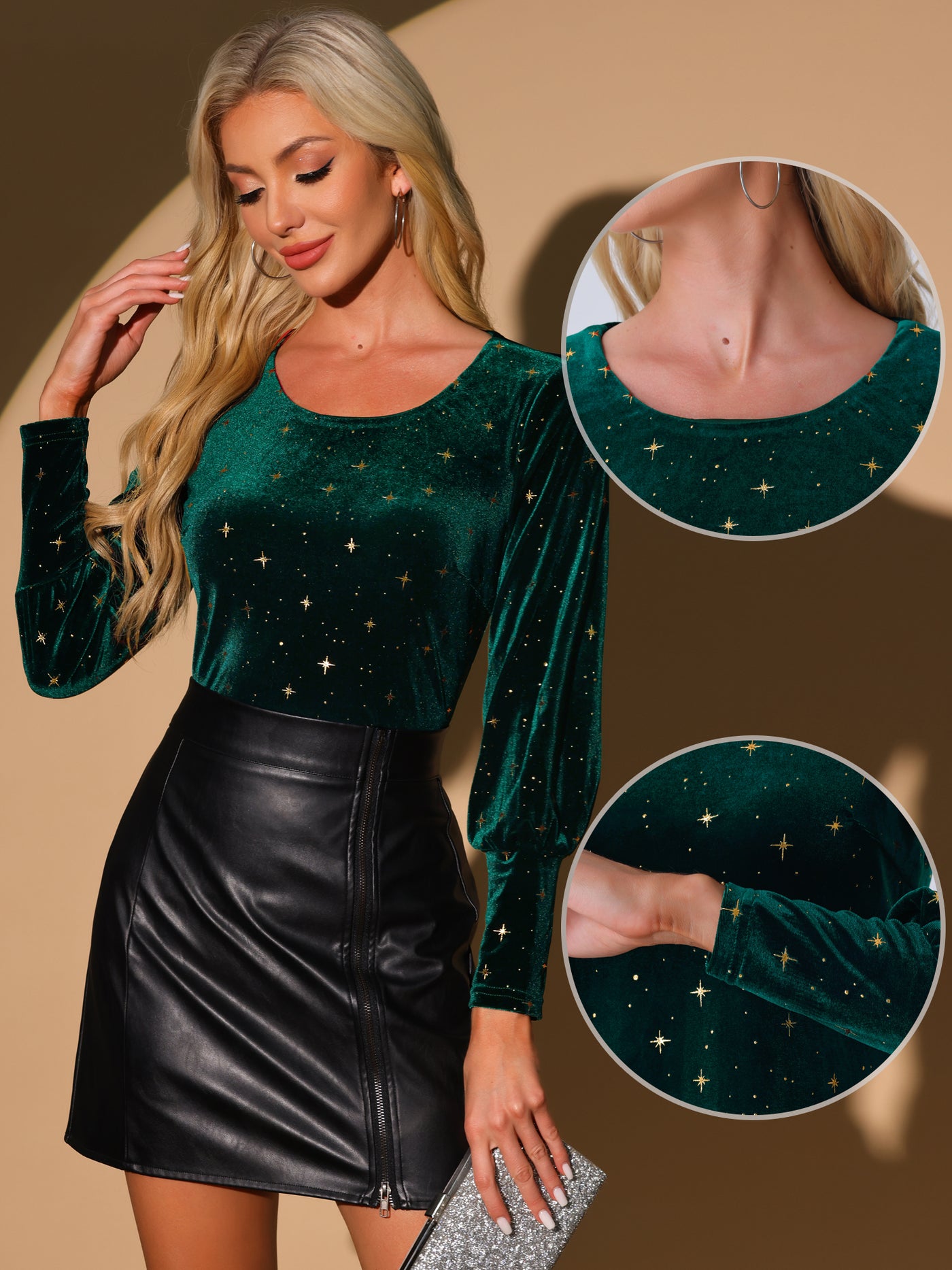 Allegra K Velvet Metallic Stars Shiny Crew Neck Long Sleeve Blouse