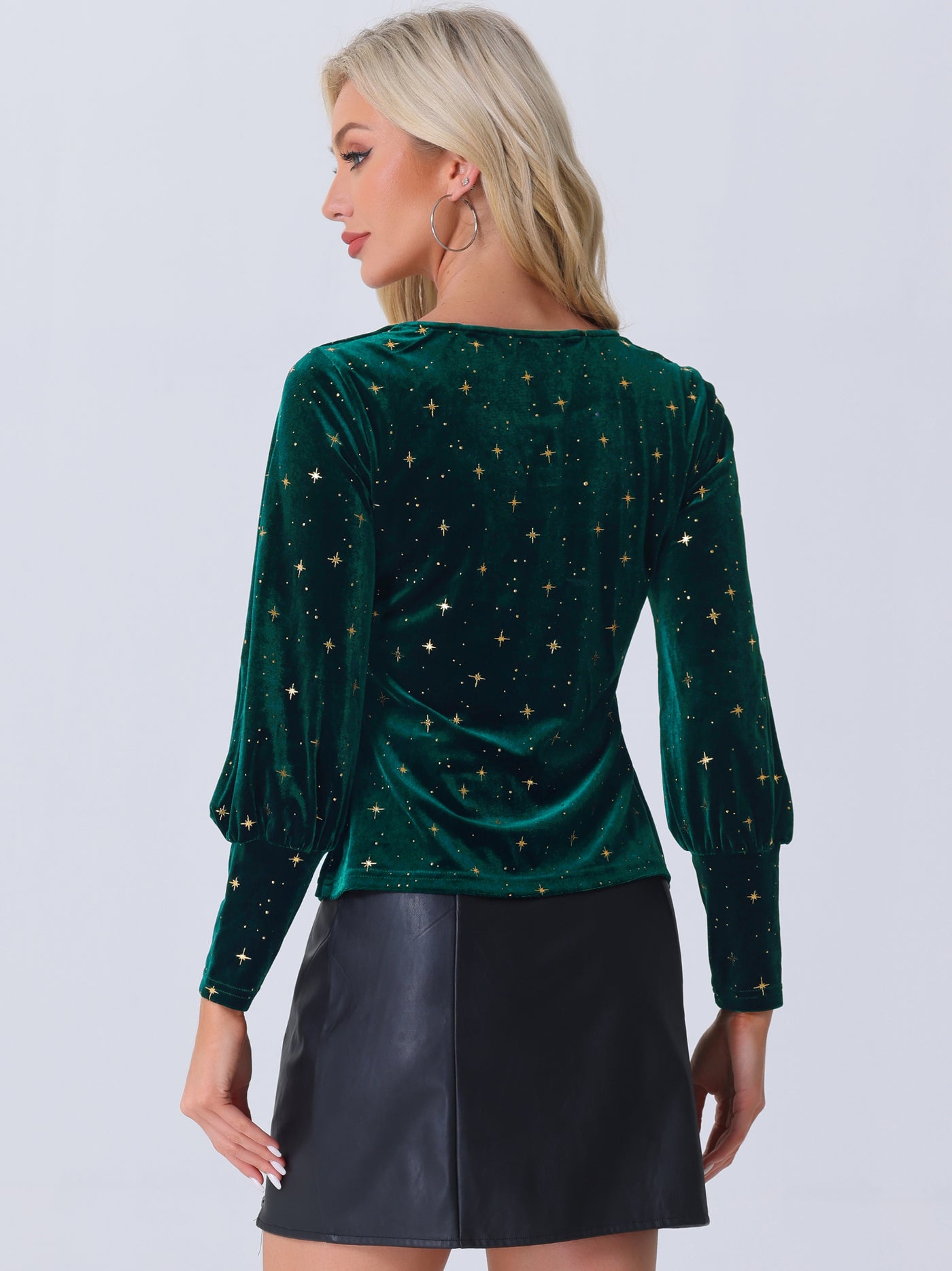 Allegra K Velvet Metallic Stars Shiny Crew Neck Long Sleeve Blouse