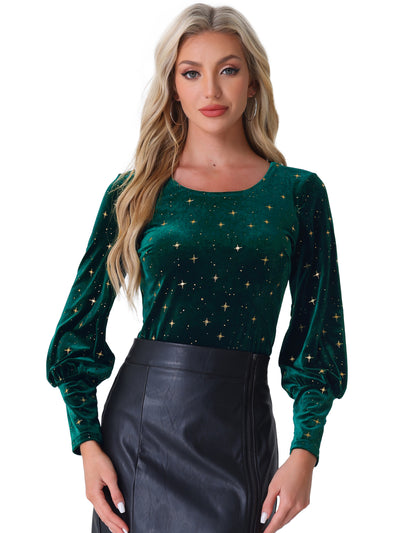 Velvet Metallic Stars Shiny Crew Neck Long Sleeve Blouse