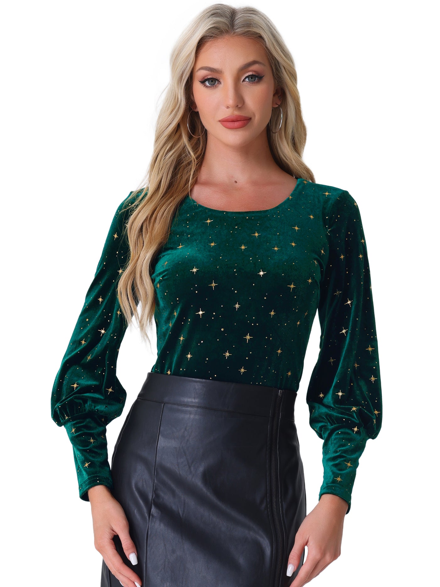 Allegra K Velvet Metallic Stars Shiny Crew Neck Long Sleeve Blouse