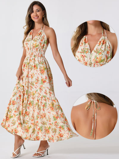 Halter Neck Boho Sleeveless Elastic Waist Backless Floral Sundress Maxi Dress