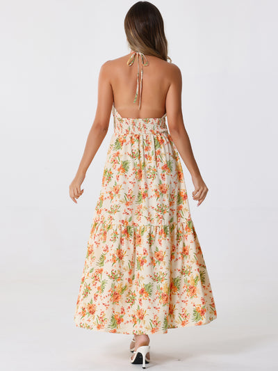 Halter Neck Boho Sleeveless Elastic Waist Backless Floral Sundress Maxi Dress