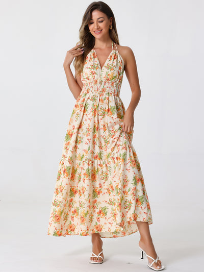 Halter Neck Boho Sleeveless Elastic Waist Backless Floral Sundress Maxi Dress