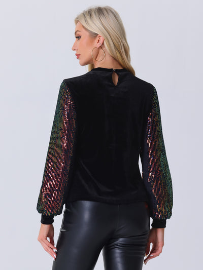 Sequin Long Sleeve Velvet Round Neck Blouse Tops