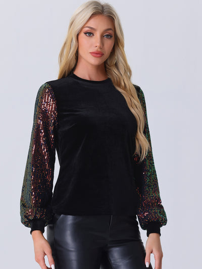 Allegra K Sequin Long Sleeve Velvet Round Neck Blouse Tops