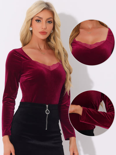 Velvet Lace V Neck Long Sleeve Solid Color Blouse