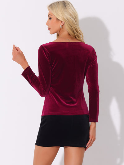 Velvet Lace V Neck Long Sleeve Solid Color Blouse